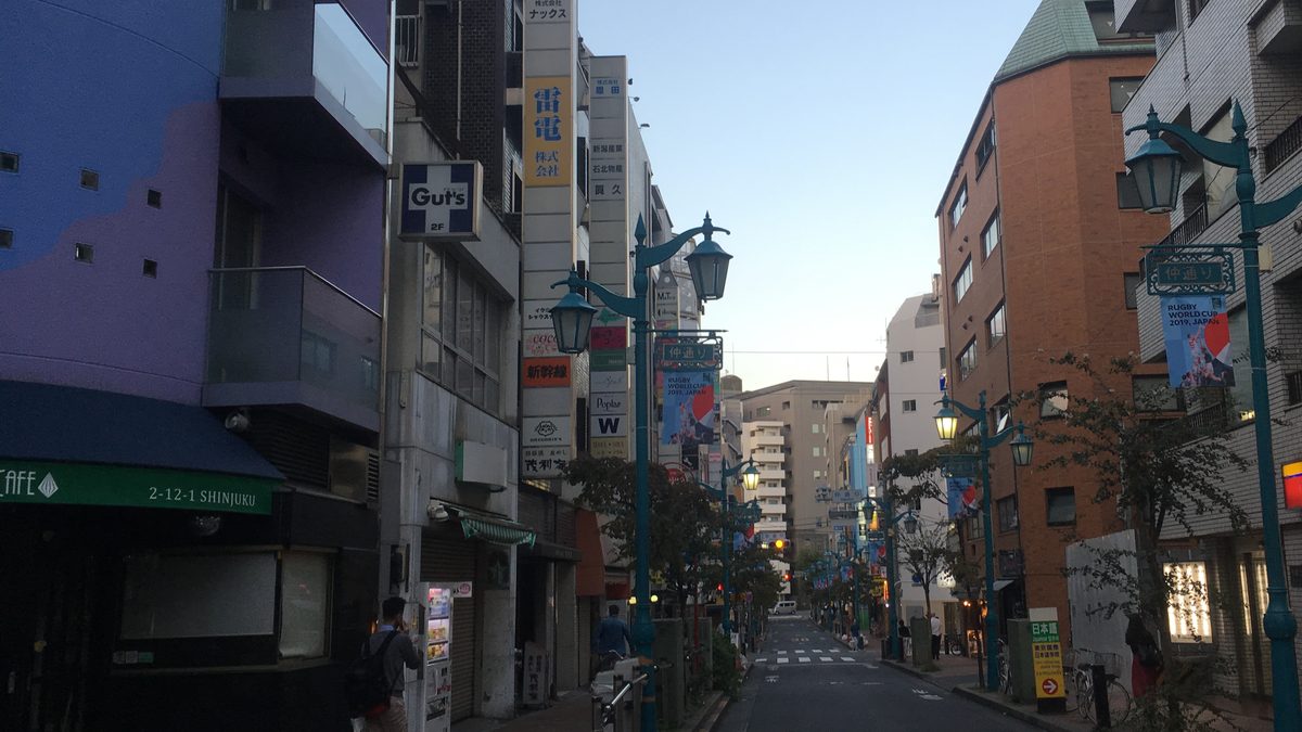 「仲通り」の看板がかかった街灯が並ぶ通り。両側のビルに縦長の看板が続く夕方の景色